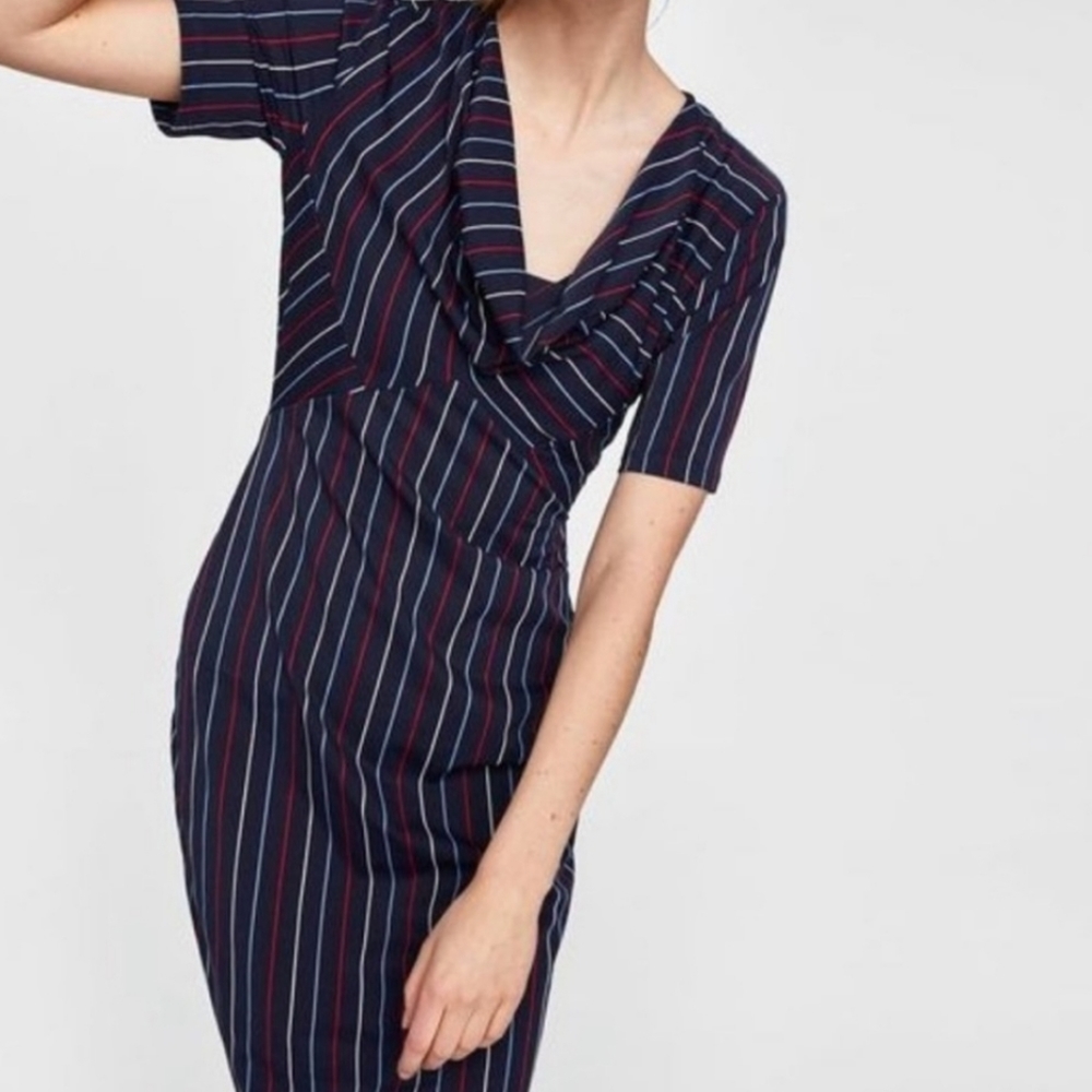 Zara Women Stripe Multicolor Cowl Neck Shirt Sleeve Midi Dress Medium